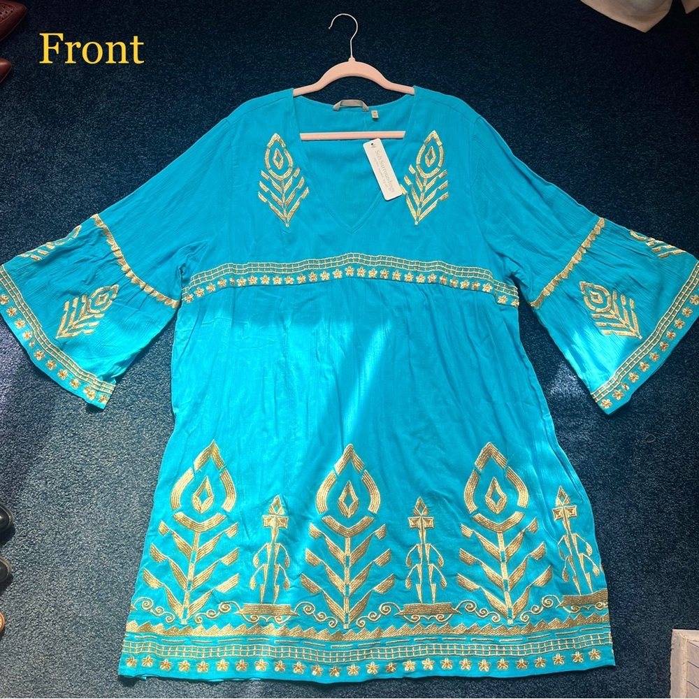 NWT 2x Soft Surroundings Embroidered Blue & Gold Plus Size Boho Dress